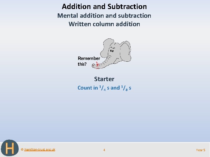 Addition and Subtraction Mental addition and subtraction Written column addition Starter Count in 1/4