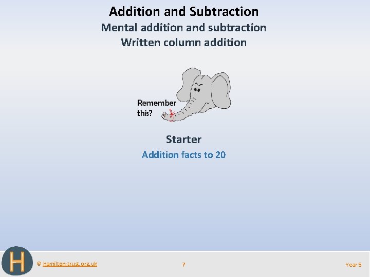 Addition and Subtraction Mental addition and subtraction Written column addition Starter Addition facts to