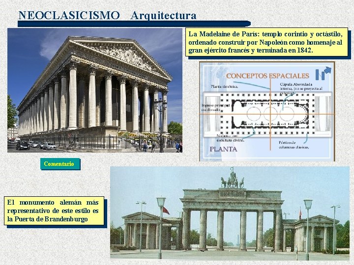 NEOCLASICISMO Arquitectura La Madelaine de París: templo corintio y octástilo, ordenado construir por Napoleón