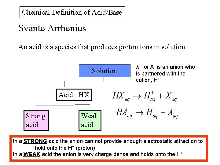 Chemical Definition of Acid/Base Svante Arrhenius An acid is a species that produces proton