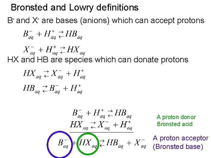 Bronsted and Lowry definitions B- and X- are bases (anions) which can accept protons