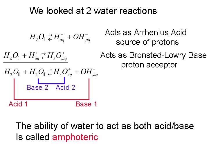 We looked at 2 water reactions Acts as Arrhenius Acid source of protons Acts