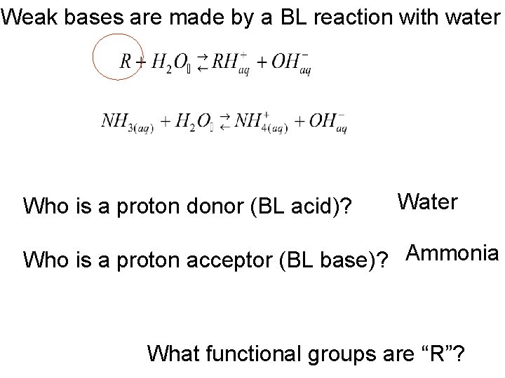 Weak bases are made by a BL reaction with water Who is a proton