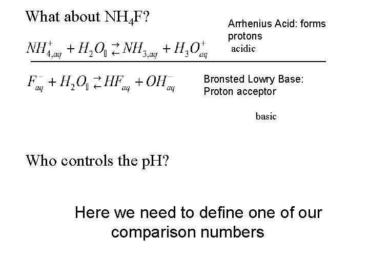 What about NH 4 F? Arrhenius Acid: forms protons acidic Bronsted Lowry Base: Proton