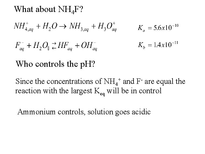 What about NH 4 F? Who controls the p. H? Since the concentrations of
