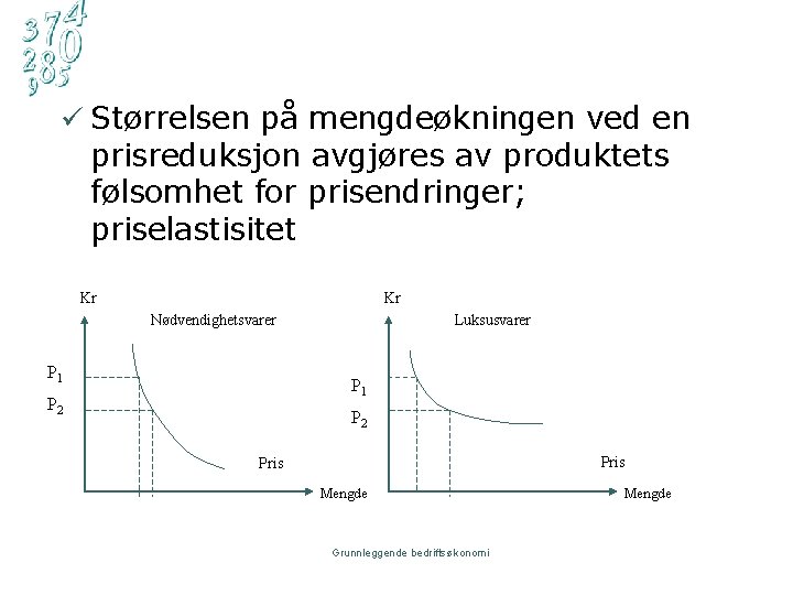 ü Størrelsen på mengdeøkningen ved en prisreduksjon avgjøres av produktets følsomhet for prisendringer; priselastisitet