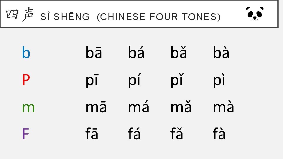 四声 SÌ SHĒNG (CHINESE FOUR TONES) b bā bá bǎ bà P pī pí