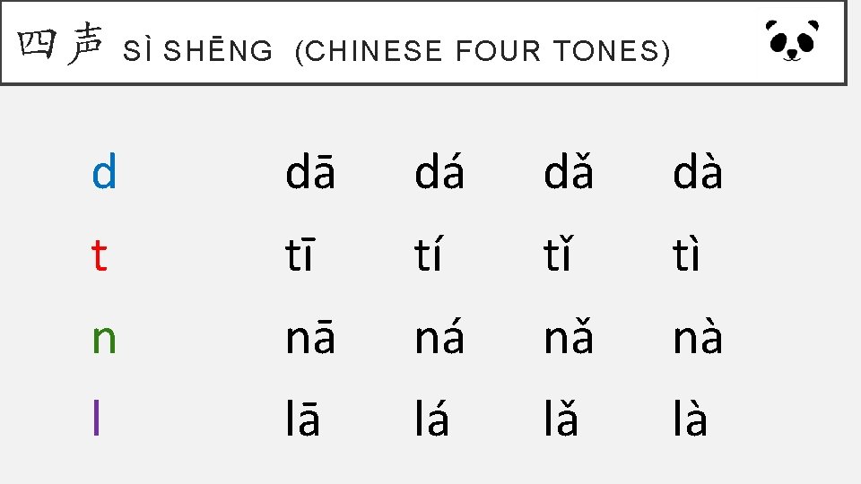 四声 SÌ SHĒNG (CHINESE FOUR TONES) d dā dá dǎ dà t tī tí