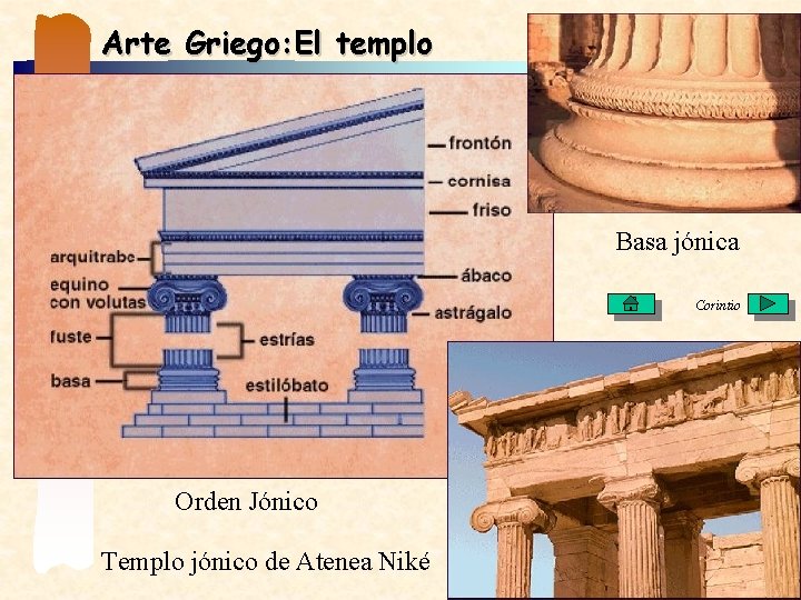 Arte Griego: El templo Basa jónica Corintio Orden Jónico Templo jónico de Atenea Niké