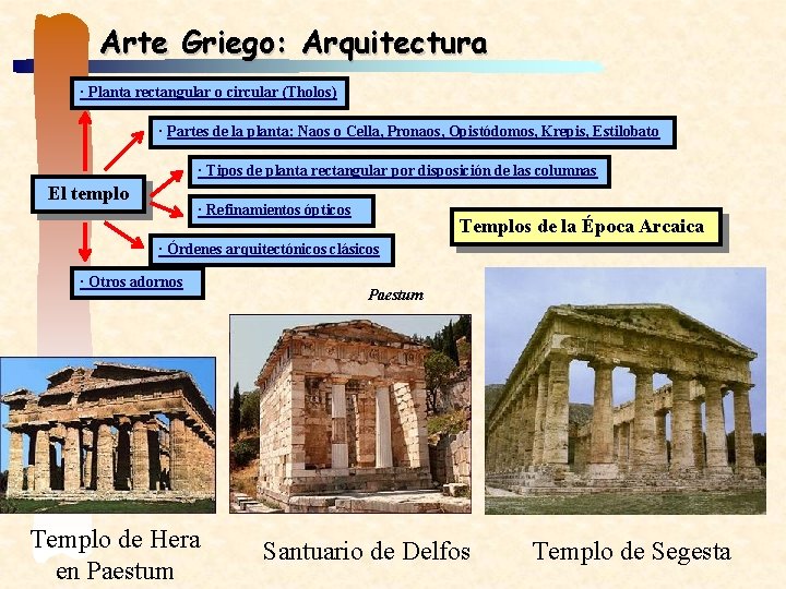 Arte Griego: Arquitectura · Planta rectangular o circular (Tholos) · Partes de la planta: