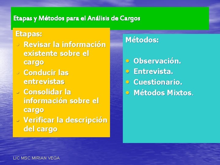 Etapas y Métodos para el Análisis de Cargos Etapas: • Revisar la información existente