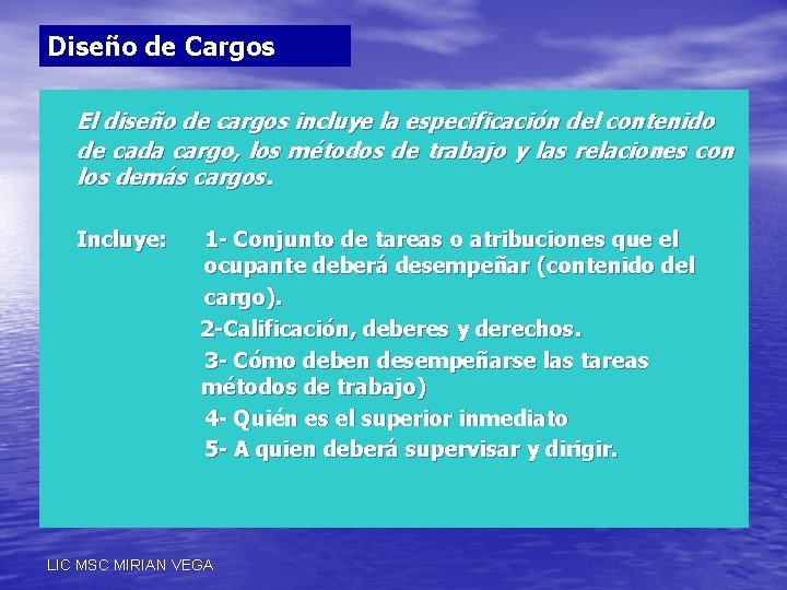 Diseño de Cargos El diseño de cargos incluye la especificación del contenido de cada