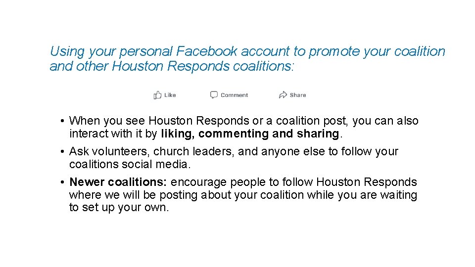 Using your personal Facebook account to promote your coalition and other Houston Responds coalitions: