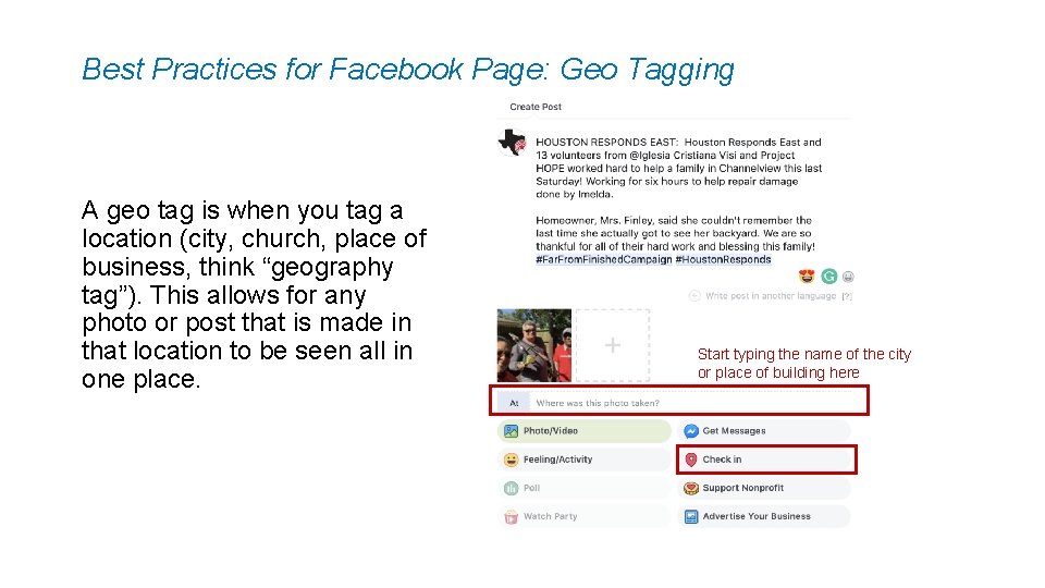 Best Practices for Facebook Page: Geo Tagging A geo tag is when you tag