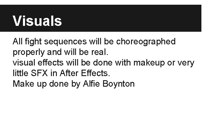 Visuals All fight sequences will be choreographed properly and will be real. visual effects