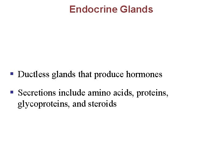 Endocrine Glands § Ductless glands that produce hormones § Secretions include amino acids, proteins,