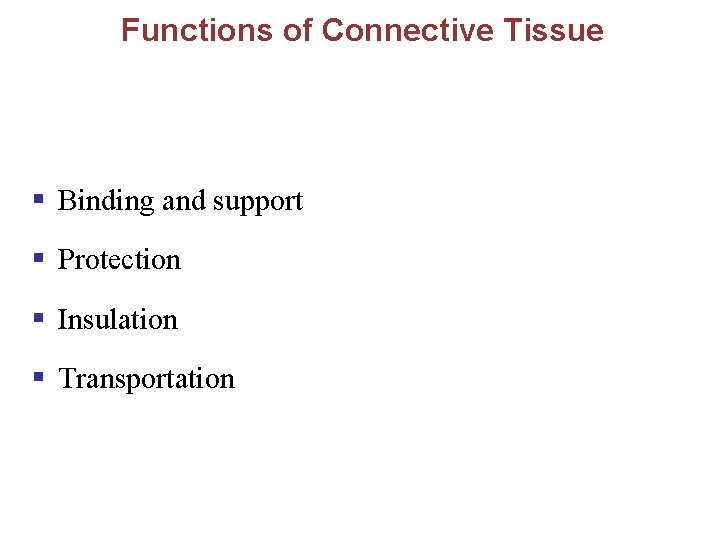 Functions of Connective Tissue § Binding and support § Protection § Insulation § Transportation