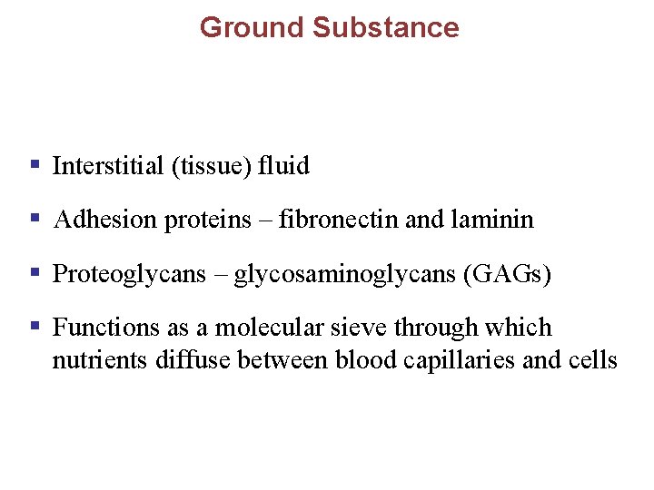 Ground Substance § Interstitial (tissue) fluid § Adhesion proteins – fibronectin and laminin §