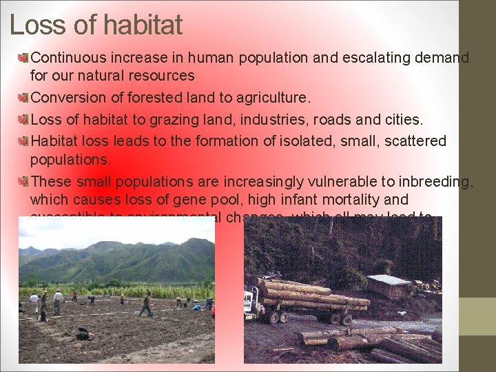 Loss of habitat Continuous increase in human population and escalating demand for our natural