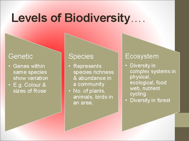 Levels of Biodiversity…. Genetic Species Ecosystem • Genes within same species show variation •