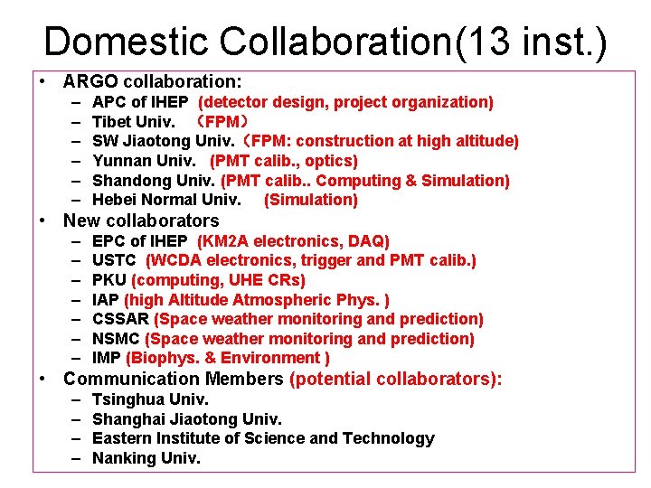 Domestic Collaboration(13 inst. ) • ARGO collaboration: – – – APC of IHEP (detector