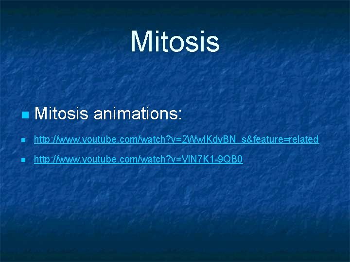 Mitosis n Mitosis animations: n http: //www. youtube. com/watch? v=2 Ww. IKdy. BN_s&feature=related n