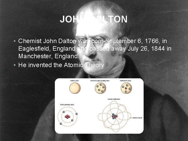 JOHN DALTON • Chemist John Dalton was born September 6, 1766, in Eaglesfield, England