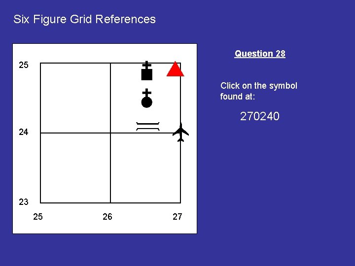 Six Figure Grid References Question 28 25 Click on the symbol found at: 270240