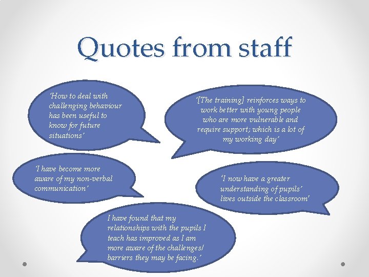 Quotes from staff ‘How to deal with challenging behaviour has been useful to know