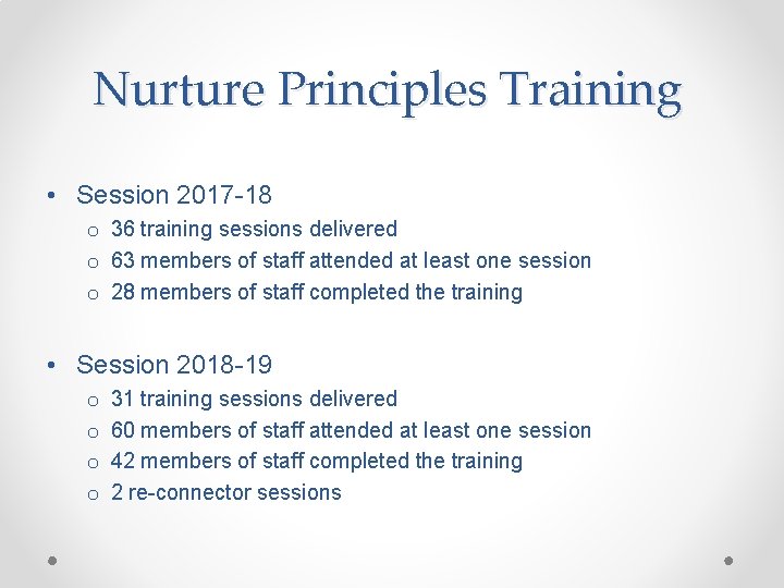 Nurture Principles Training • Session 2017 -18 o 36 training sessions delivered o 63