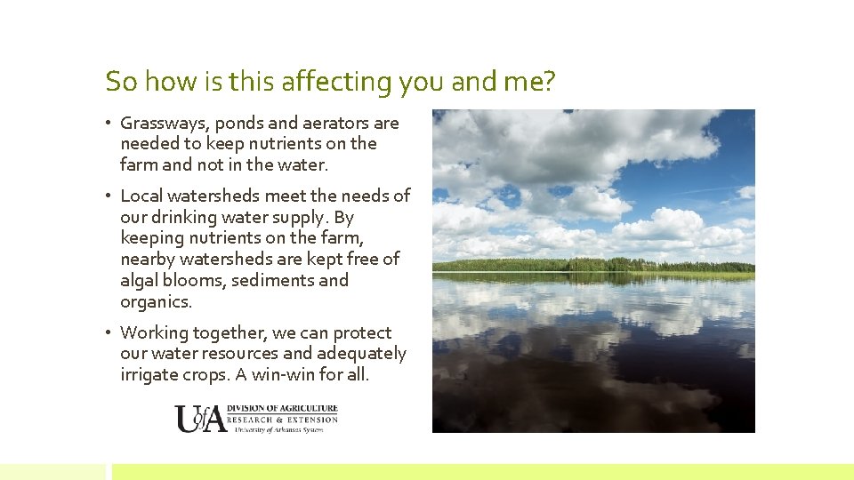 So how is this affecting you and me? • Grassways, ponds and aerators are