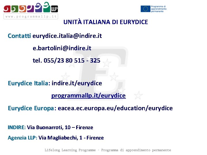 UNITÀ ITALIANA DI EURYDICE Contatti eurydice. italia@indire. it e. bartolini@indire. it tel. 055/23 80