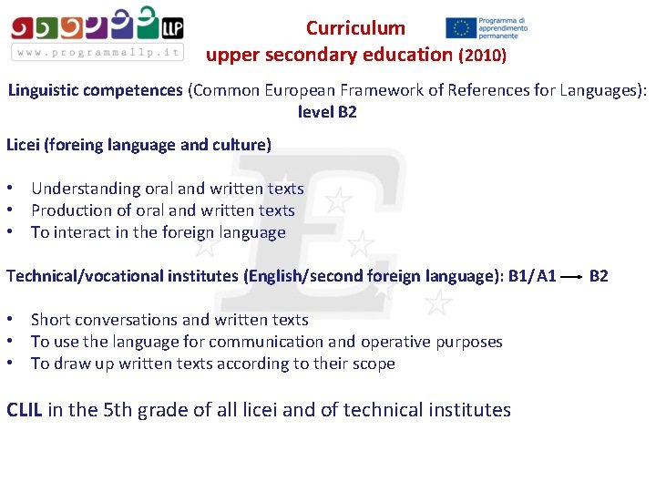 Curriculum upper secondary education (2010) Linguistic competences (Common European Framework of References for Languages):