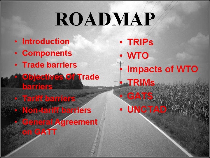 ROADMAP • • Introduction Components Trade barriers Objectives Of Trade barriers • Tariff barriers