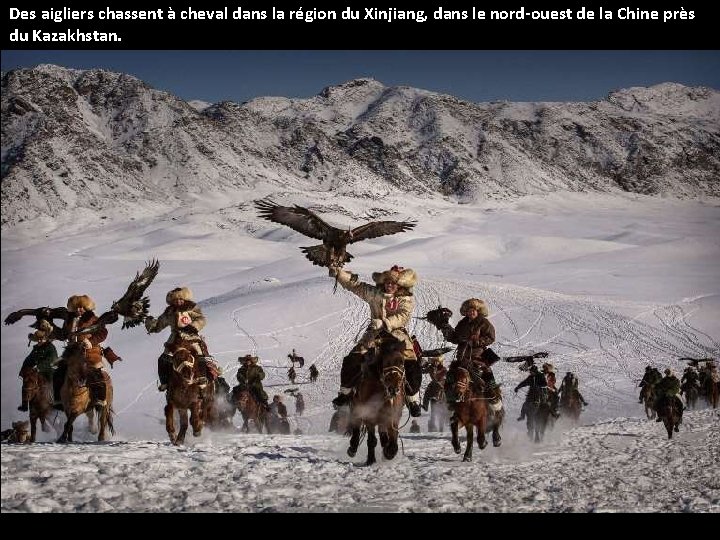 Des aigliers chassent à cheval dans la région du Xinjiang, dans le nord-ouest de