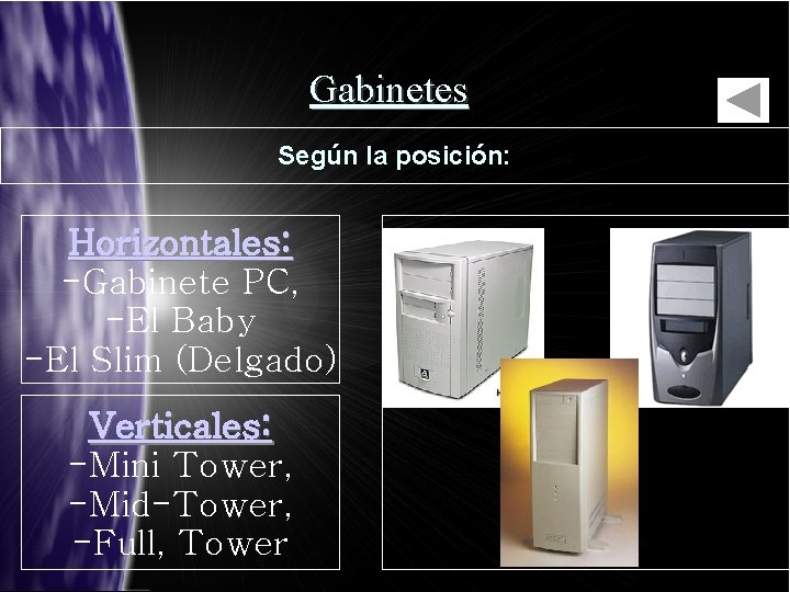 Gabinetes Según la posición: Horizontales: -Gabinete PC, -El Baby -El Slim (Delgado) Verticales: -Mini