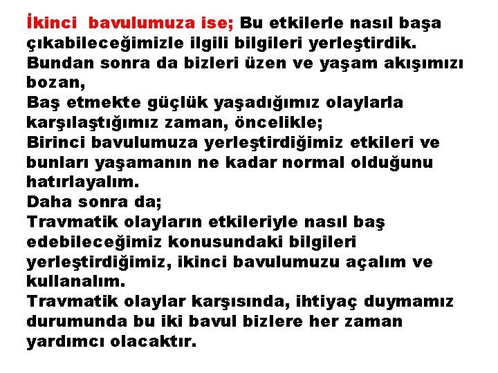 İkinci bavulumuza ise; Bu etkilerle nasıl başa çıkabileceğimizle ilgili bilgileri yerleştirdik. Bundan sonra da