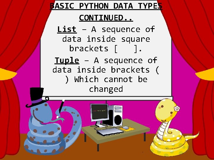 BASIC PYTHON DATA TYPES CONTINUED. . List – A sequence of data inside square