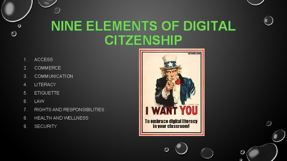 NINE ELEMENTS OF DIGITAL CITZENSHIP 1. ACCESS 2. COMMERCE 3. COMMUNICATION 4. LITERACY 5.