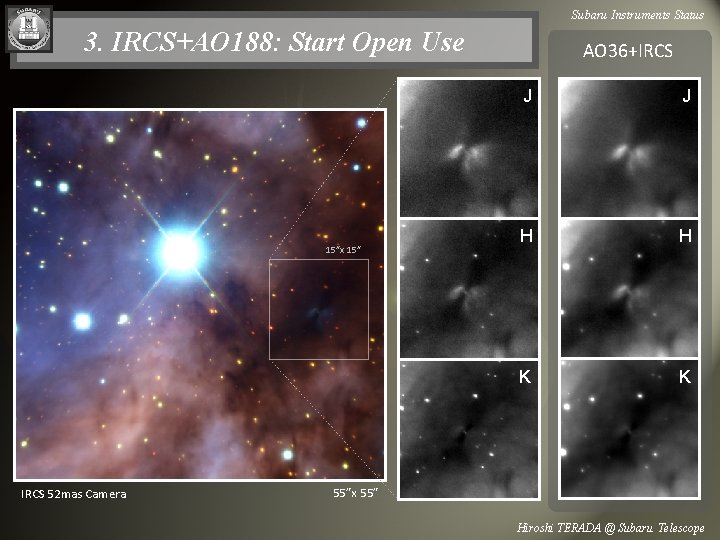 Subaru Instruments Status 3. IRCS+AO 188: Start Open Use 15”x 15” IRCS 52 mas