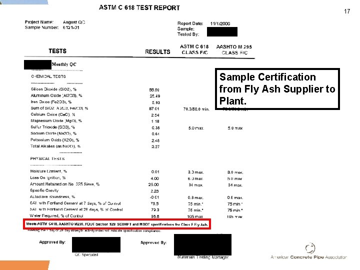 17 Sample Certification from Fly Ash Supplier to Plant. 