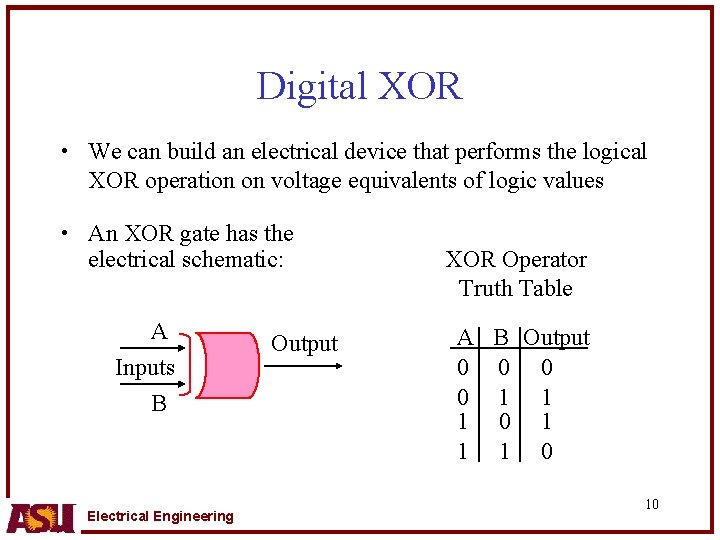 Digital XOR • We can build an electrical device that performs the logical XOR