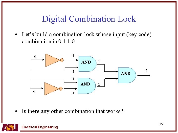 Digital Combination Lock • Let’s build a combination lock whose input (key code) combination