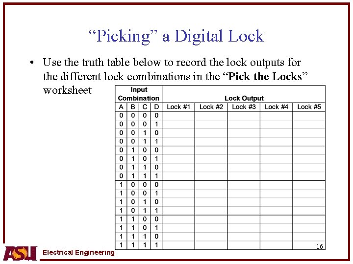 “Picking” a Digital Lock • Use the truth table below to record the lock