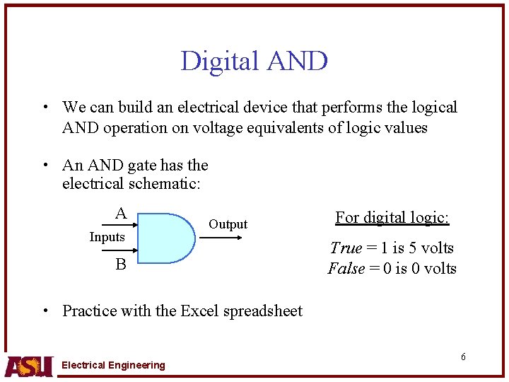 Digital AND • We can build an electrical device that performs the logical AND