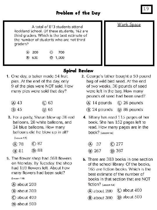 1. 9 Problem of the Day Work Space Spiral Review 