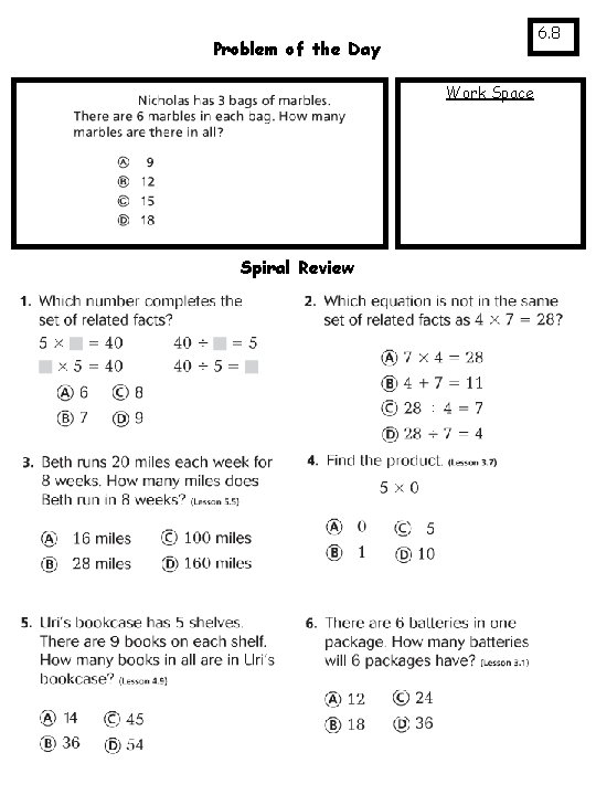 6. 8 Problem of the Day Work Space Spiral Review 