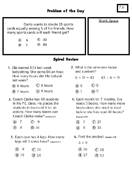 7. 6 Problem of the Day Work Space Spiral Review 