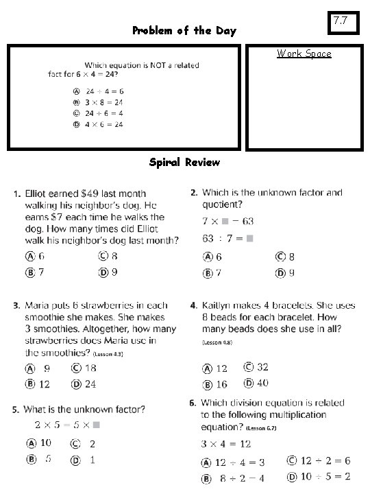 7. 7 Problem of the Day Work Space Spiral Review 