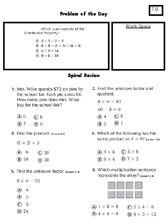 7. 8 Problem of the Day Work Space Spiral Review 